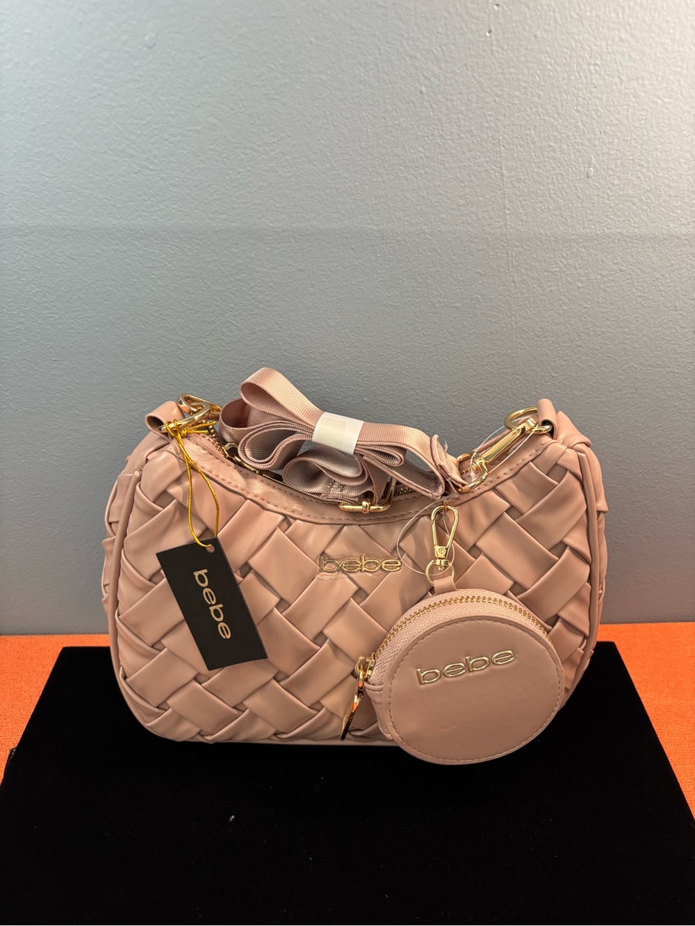 bebe Luca Pink Woven Shoulder Bag with Round Coin Pouch